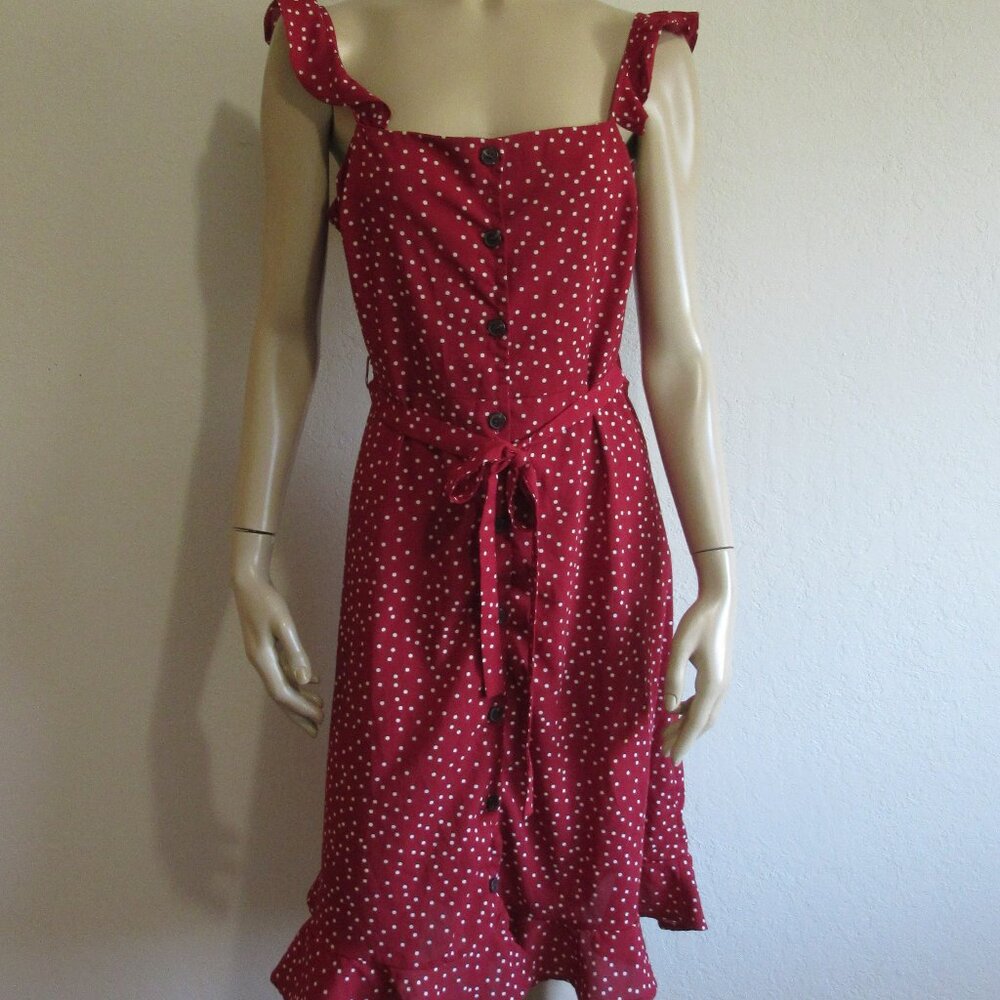 AZALEA Rust and White Polka Dot L Ruffle Sleeve & Hem Button Front Dress